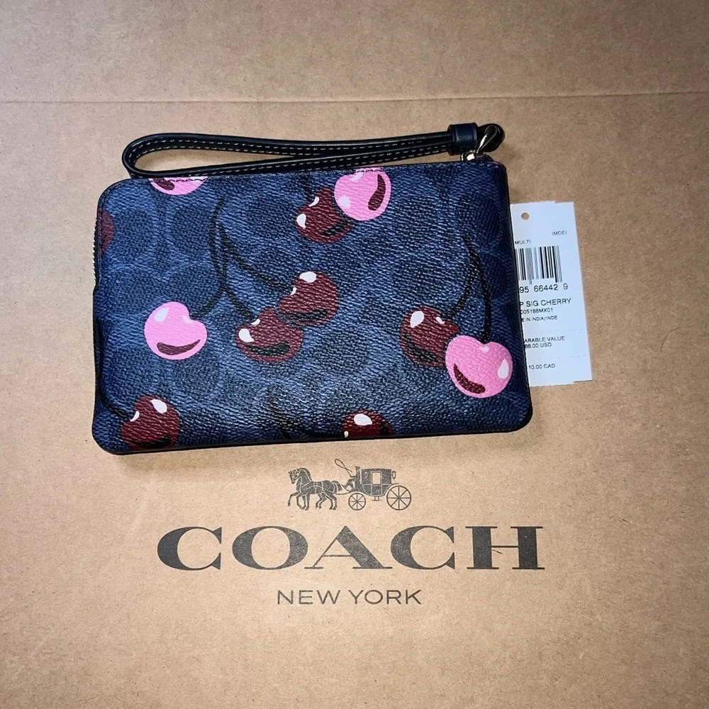 🍒COACH Blue Denim Signature Cherry Print Corner Zip Wristlet AUTHENTIC CZ440